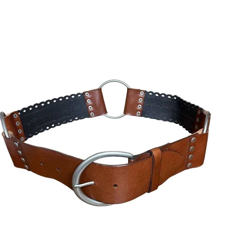 Brown Tooled Leather Wide Statement Belt Rings Boho Waist Festival Women’s Sz S - Picture 6 of 11